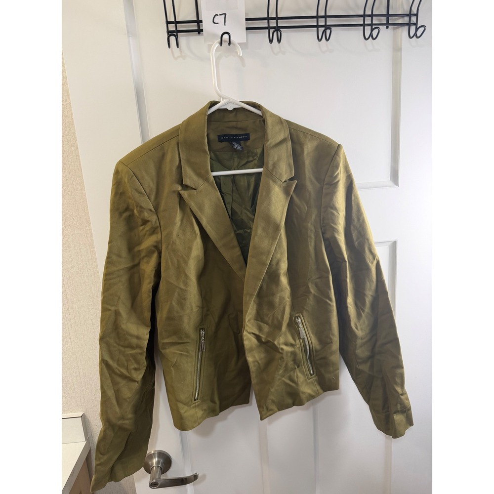 Grace Elements Olive Green Cotton Blend Open Front Zip Pocket Blazer Jacket 10